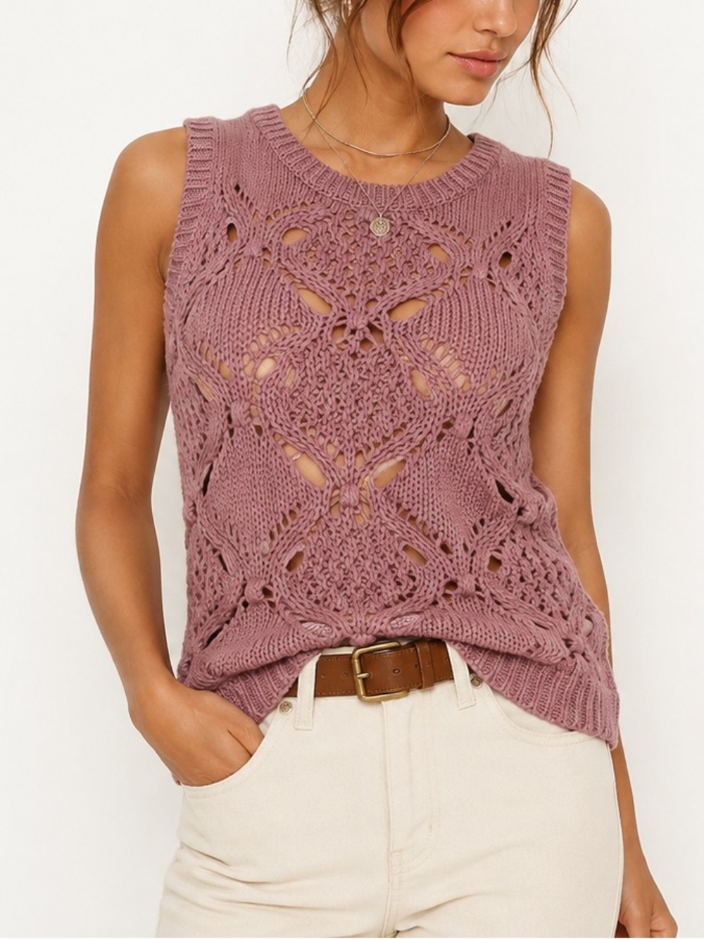 Lucky Brand Mauve Open-Knit Sleeveless Sweater Top Small Boho Cottagecore